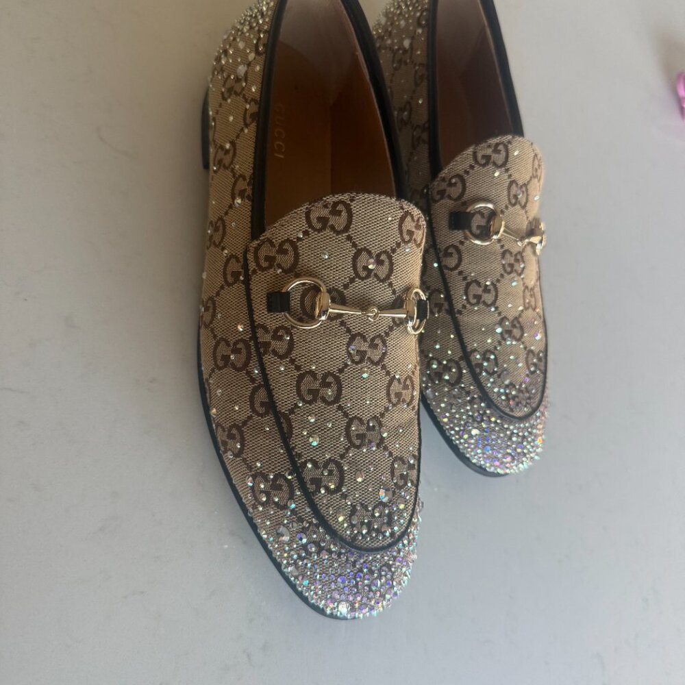 Gucci Beige GG Canvas Crystal-Embellished Horsebit Loafers